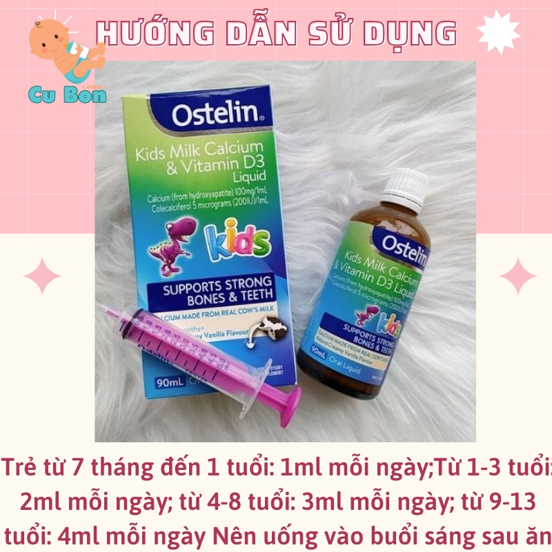 CANXI VÀ D3 Khủng Long Dạng Nước cho bé Ostelin Kids Milk Calcium và Vitamin D3 liquid 90ml cho bé từ 7 tháng tuổi