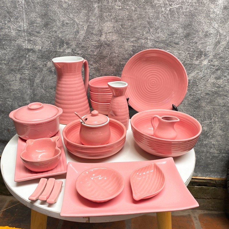 Set bộ đồ ăn hồng- bát Đĩa gốm sứ bát tràng