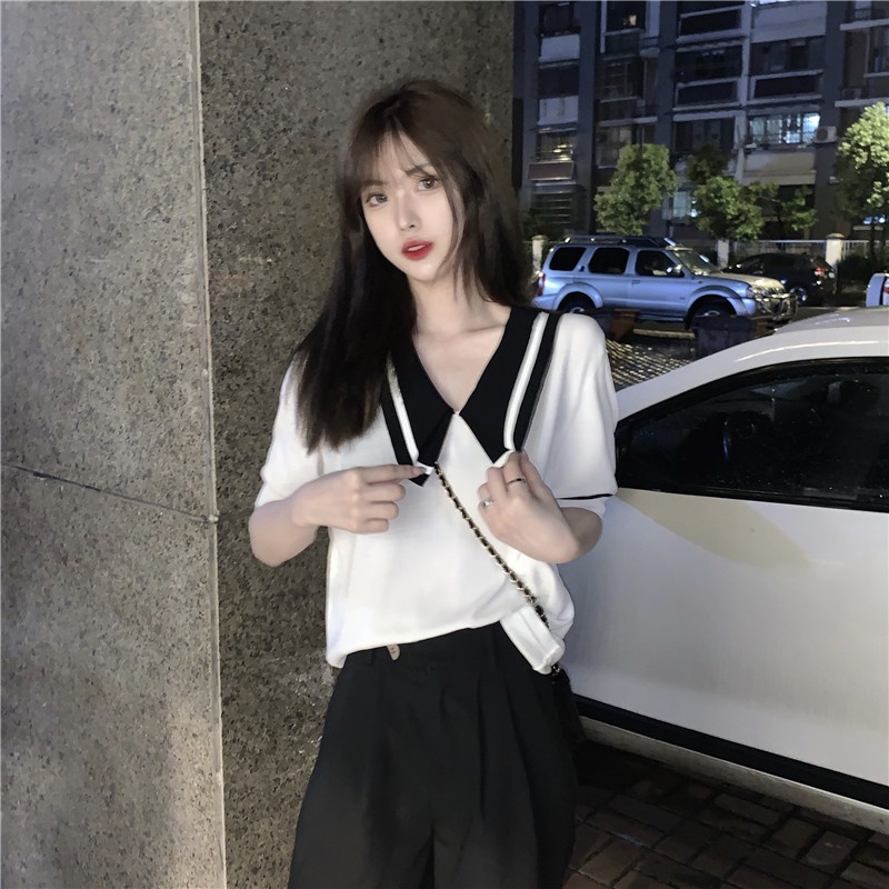 Áo dệt kim ZHELIHANGFEI tay ngắn cổ búp bê màu tương phản phong cách phương Tây thời trang mùa hè 2022 cho nữ