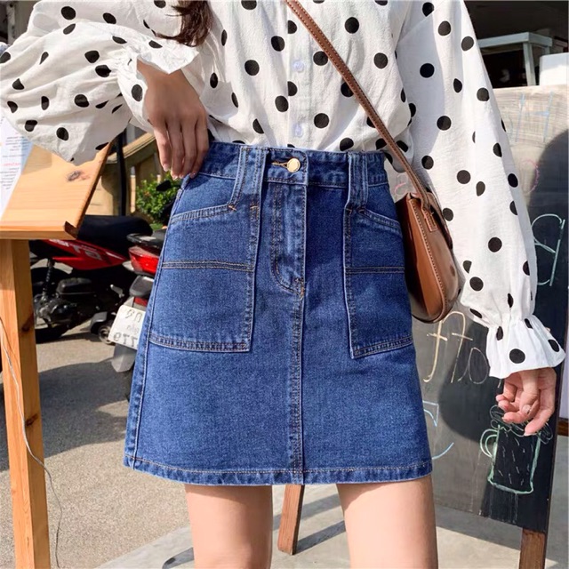 Chân váy jean chữ A dáng ngắn cạp cao có quần lót trong trẻ trung năng động chất liệu jean cao cấp V1 V19 Jeanelle Store | BigBuy360 - bigbuy360.vn
