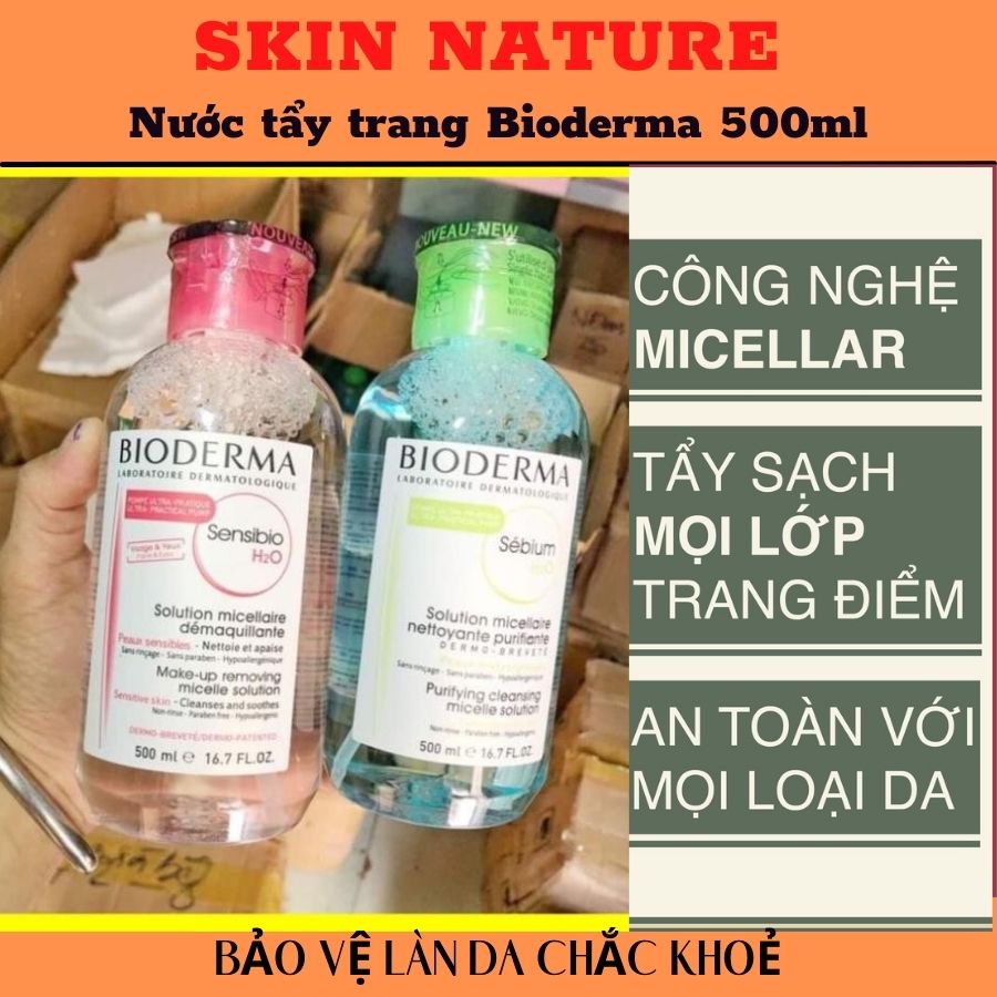 Nước tẩy trang Bioderma, Tẩy trang bioderma 500ml nút nhấn chuẩn Pháp chính hãng