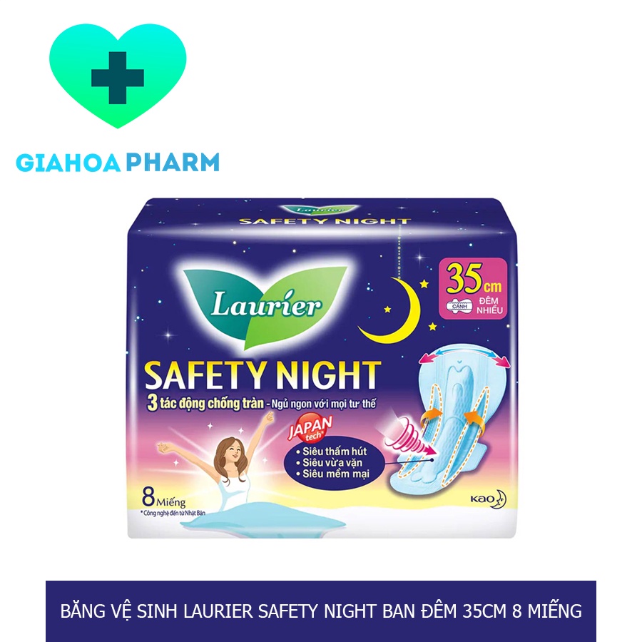 Băng vệ sinh Laurier Safety night 35cm có cánh (Gói 8 miếng) chống tràn, siêu thấm hút, mềm mại, vừa vặn cho đêm nhiều
