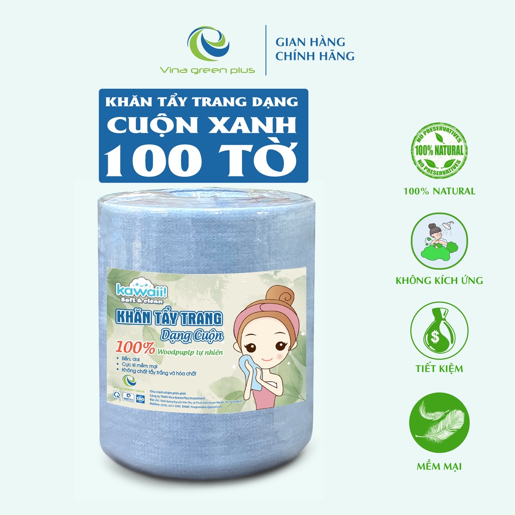 Khăn Tẩy Trang Kawaii Cuộn xanh/trắng 100 tờ khổ 10x10 - Dùng lau khô, lau ướt - khăn đắp toner