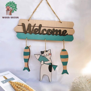 Bảng gỗ WELCOME trang trí hình mèo ôm cá