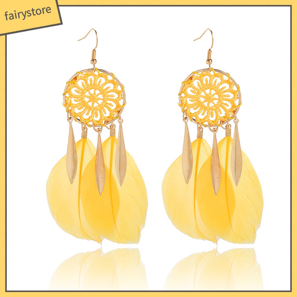1 Đôi Bông Tai Hình Dreamcatcher Đính Lông Vũ Tua Rua Phong Cách Bohemian Dành Cho Nữ