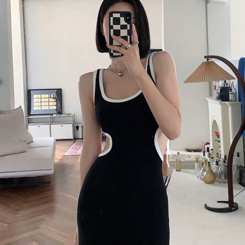 COZOK Đầm Hở Lưng Form Ôm Phối Màu Tương Phản Phong Cách Quyến Rũ