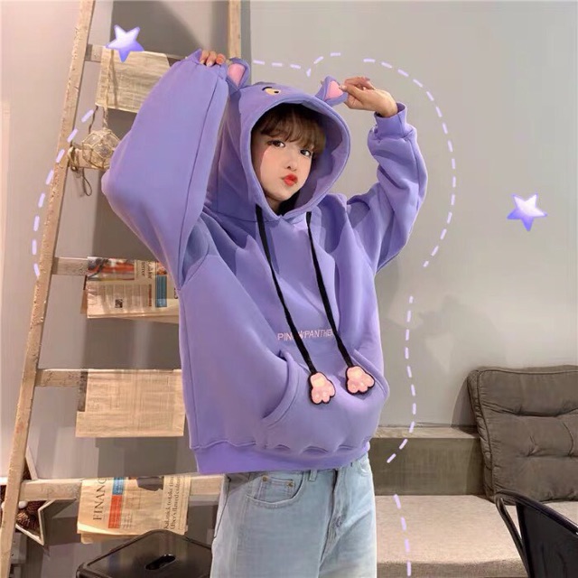 Áo Hoodie mũ tai gấu Áo nỉ Báo Hồng vải nỉ bông mềm mại freesize<55kg cho nam và nữ