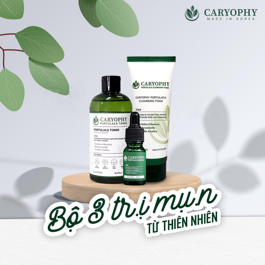 [COMBO GIÁ SỐC]  Bộ 3 Sản Phẩm Giảm Mụn Thâm Caryophy Portulaca Sữa Rửa Mặt + Toner + Serum