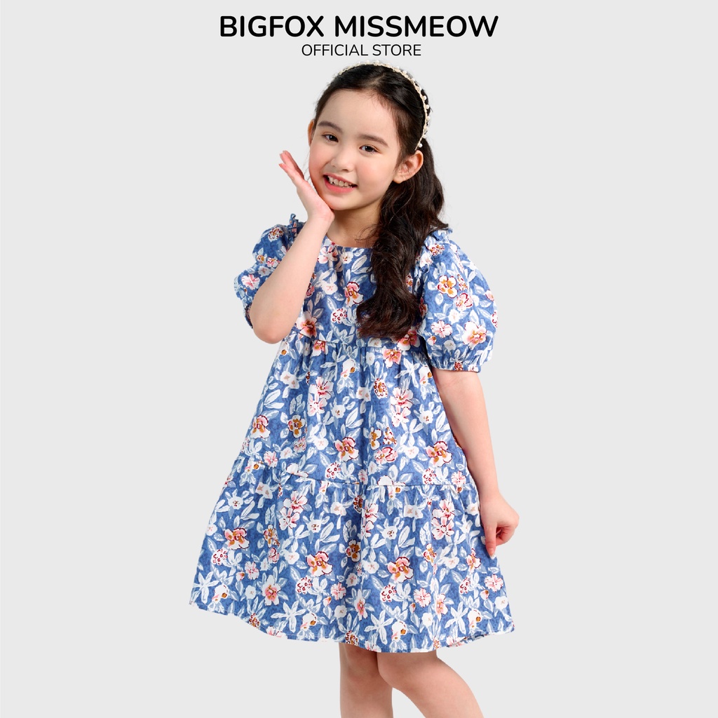 Váy bé gái Bigfox - Miss Meow mùa hè xếp ly tay, xòe ba tầng chất liệu thô in hoa xinh xắn size trẻ em 3-11 tuổi