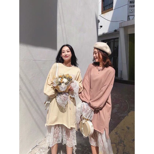 SET 2 MÓN ÁO THUN DÀI TAY MIX CÙNG ĐẦM LƯỚI REN ĐUÔI CÁ SIU CUTE SIU HÀN QUỐC