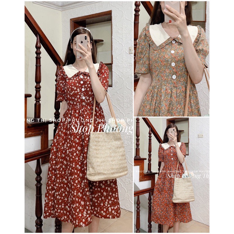 Váy hoa nhí pha cổ bèo sang chảnh - Đầm hoa vintage tiểu thư (hình thật/sẵn)