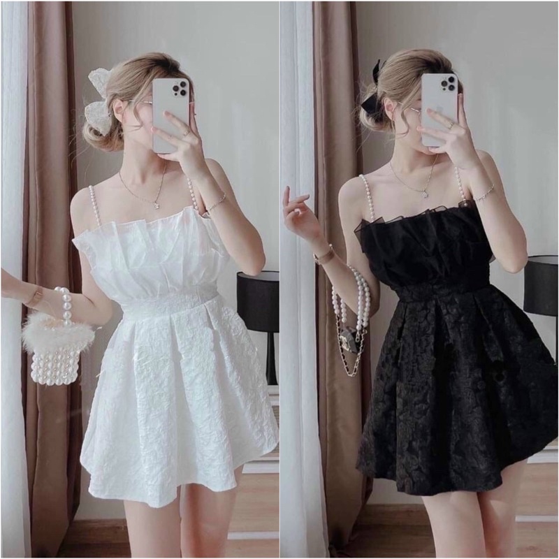 ĐẦM ĐI TIỆC HAI DÂY NGỌC XẾP LI NGỰC CHẤT GẤM CAO CẤP