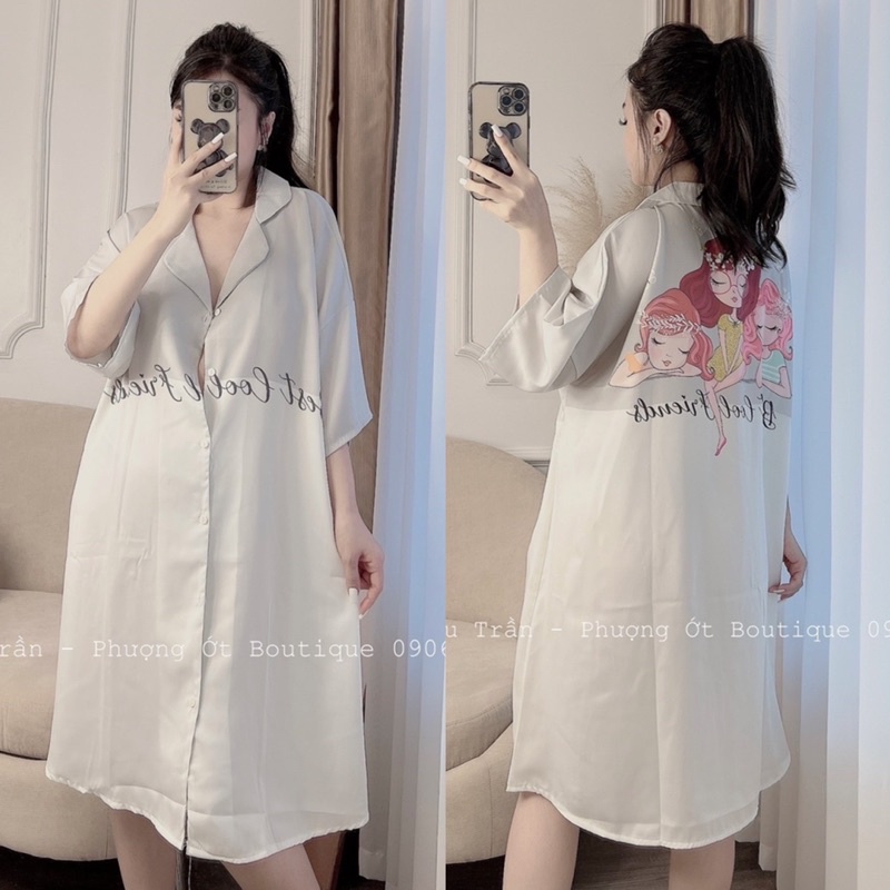 Đầm váy ngủ mặc nhà Lụa phom rộng cổ sơ mi cao cấp (mẹ bầu | sau sinh bon chen thoải mái) dưới 72kg