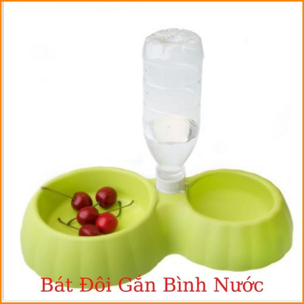 Bát ăn đôi có chỗ gắn bình nước tự động cho thú cưng Chó Mèo