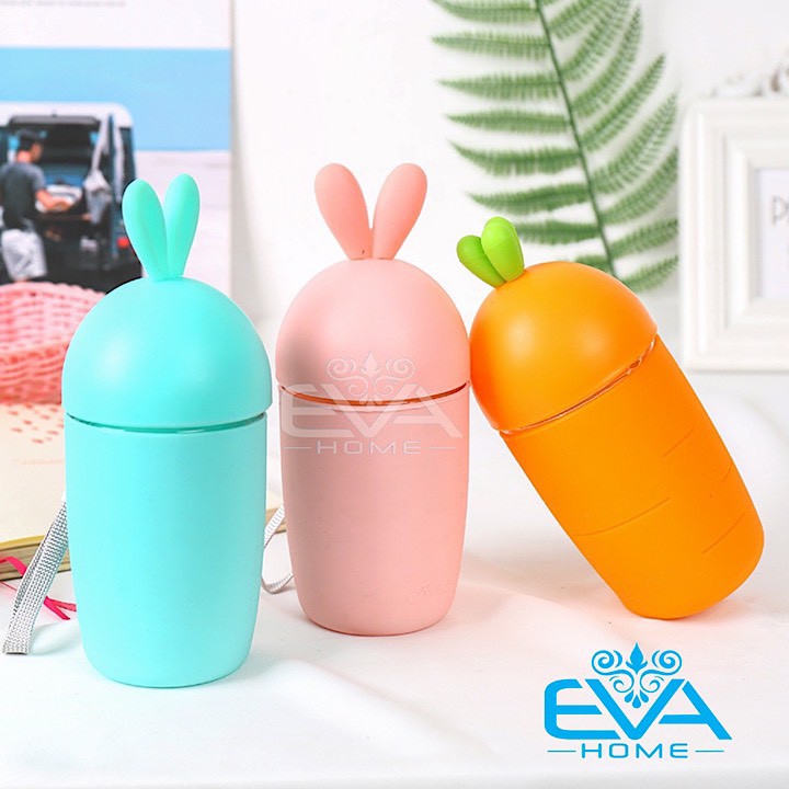 Bình Nước Thủy Tinh Bọc Silicone Hình Cà Rốt Và Tai Thỏ Cute Kèm Dây Xách 400ml