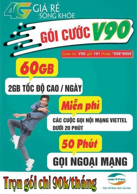 SIM 4G Viettel V90 Tặng 62GB/Tháng + 50 Phút gọi ngoại mạng + Gọi nội mạng miễn phí