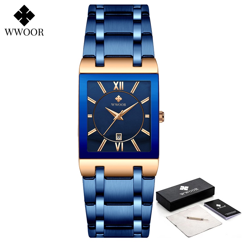 Đồng Hồ Quartz WWOOR Relojes Hombre Mặt Vuông Chất Liệu Thép Không Gỉ Chống Thấm Nước 8858