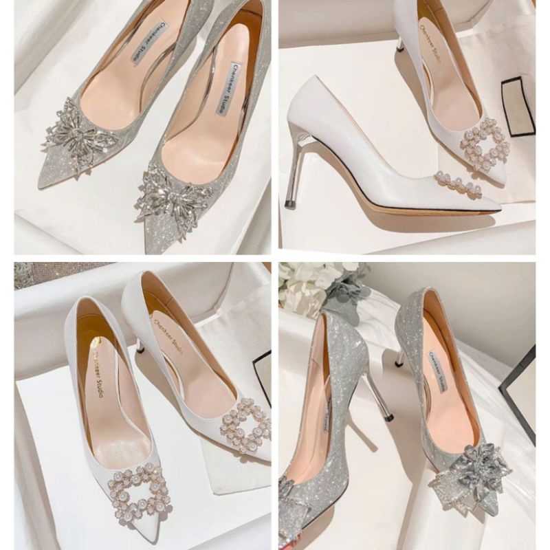 x Giày Cưới Cao Gót 9p Nơ Đá Hàng Xịn Mềm Êm Fullbox Cao Cấp