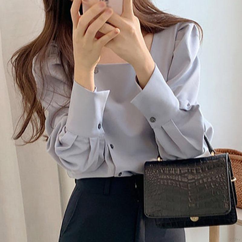Áo kiểu tay dài cổ vuông phong cách Hàn Quốc hợp thời trang cho nữ