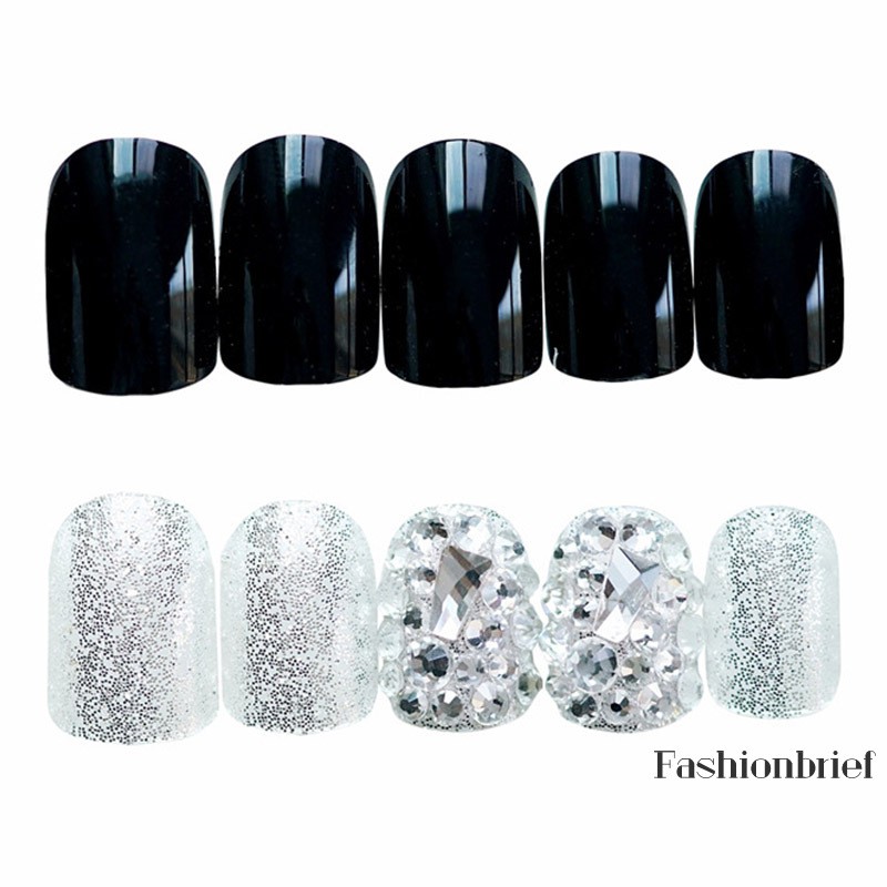 Bộ 24 móng tay giả che toàn móng màu đen trơn đính kim cương giả lấp lánh 3D có thể tháo rời trang trí cho cô dâu
