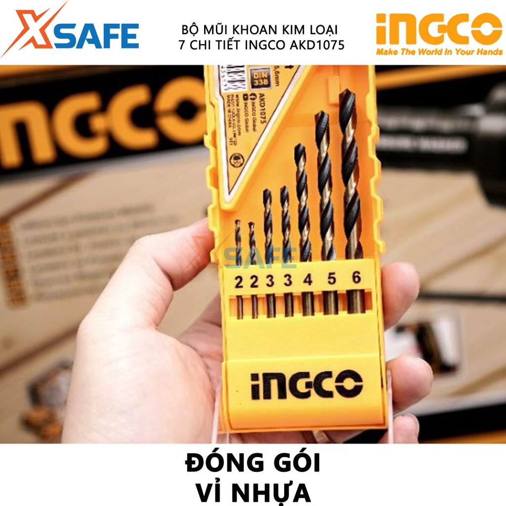 Bộ mũi khoan kim loại 7 chi tiết INGCO AKD1075 gồm các size 2,3,4,5,6,7,8 đóng gói trong hộp nhựa