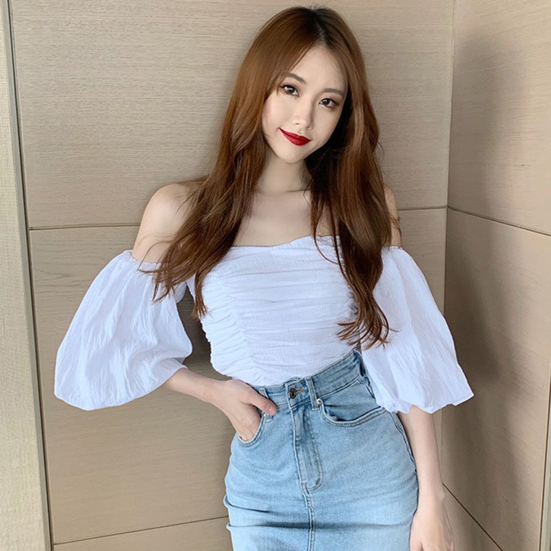 Áo Croptop Trễ Vai Tay Ngắn Dáng Ôm Màu Sắc Trơn Phong Cách Hàn Quốc Thời Trang Cho Nữ