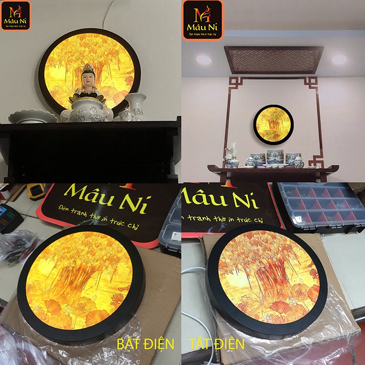 [SALE HOT] Đèn Hào Quang hoa sen - in tranh trúc chỉ 198, khung sắt, Đường kính 30cm (đặt tượng thờ cao 25cm đến 40cm)