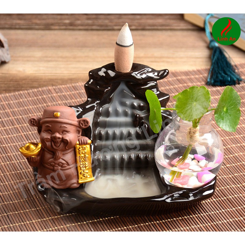 Thác khói trầm hương Thần Tài Vàng tặng kèm 5 nụ trầm + lá xanh