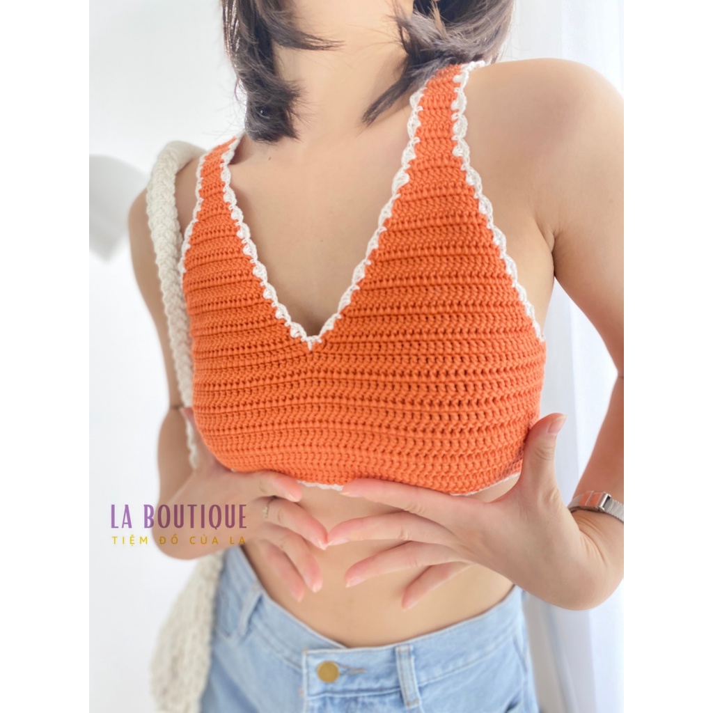 Áo Len Crochet Croptop 2 Dây Bản To Đan/Móc Handmade Hở Lưng Cột Dây La Boutique