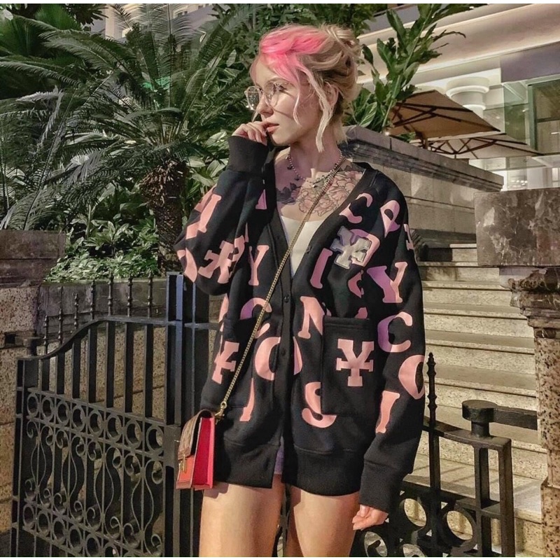 Áo khoác nỉ cardigan có nút form rộng in chữ dưới 70kg mặc rộng y hình - T0N | BigBuy360 - bigbuy360.vn