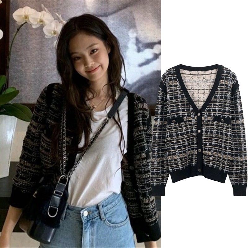 Blackpink Jennie Knit Cardigan Long-Sleeved Slim Korean Autumn Sweater Coat ...
