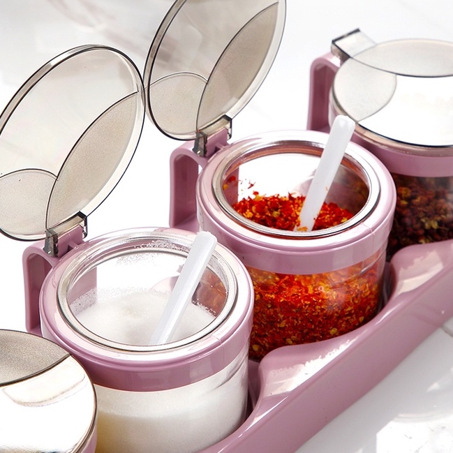 Hũ đựng gia vị, bộ lọ đựng gia vị có nắp đậy kèm khay tiện dụng