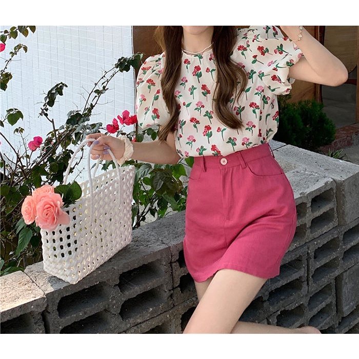 Bộ Áo Tay Ngắn Phồng + Chân váy jean Lưng Cao In Hoa Thời Trang Mùa Hè Hàn Quốc 2022 Dành Cho Nữ