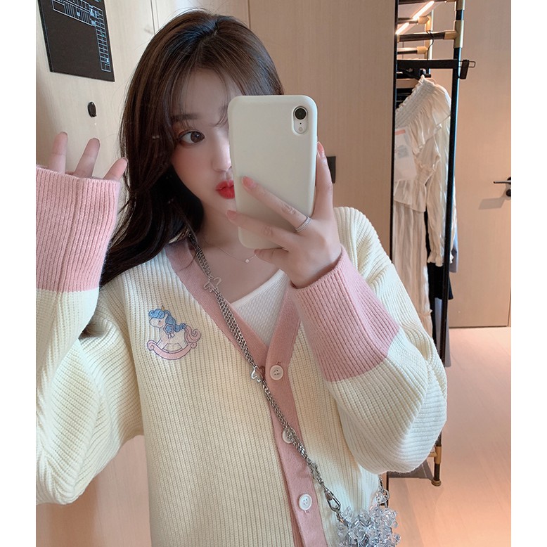 Áo khoác cardigan dệt kim màu sắc tương phản đáng yêu cho nữ | BigBuy360 - bigbuy360.vn