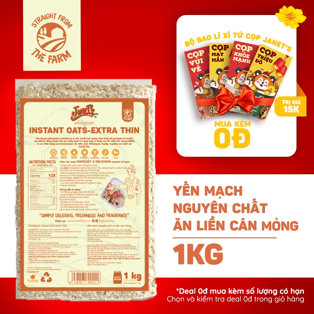 Yến mạch nguyên chất ăn liền Janets 1kg Chile, loại cán dày và cán mỏng