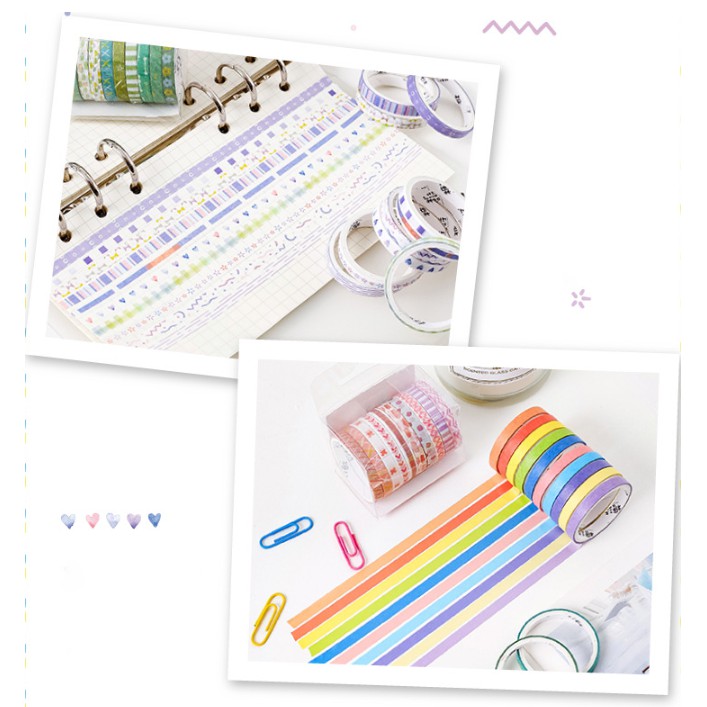 WASHI TAPE set 10 cuộn (5mm x 2m) trang trí scrapbook, sổ tay planner,...