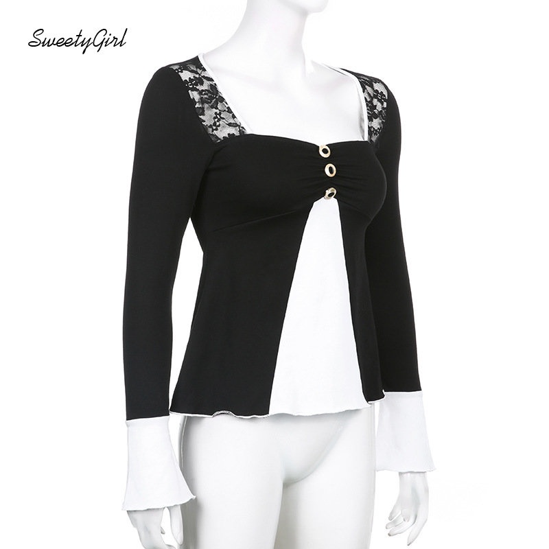 Áo Thun Tay Dài Cổ Vuông Cắt Sâu Ôm Dáng Phối Màu Tương Phản Thời Trang 2022 Cho Nữ