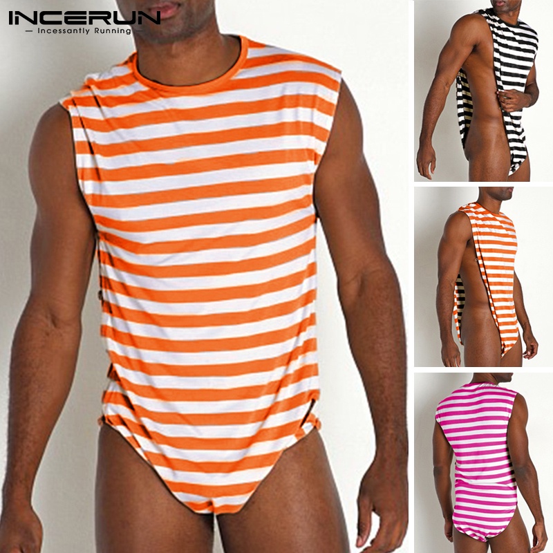 Áo liền quần INCERUN sát nách cổ tròn kẻ sọc xẻ tà bên hông gợi cảm cho nam