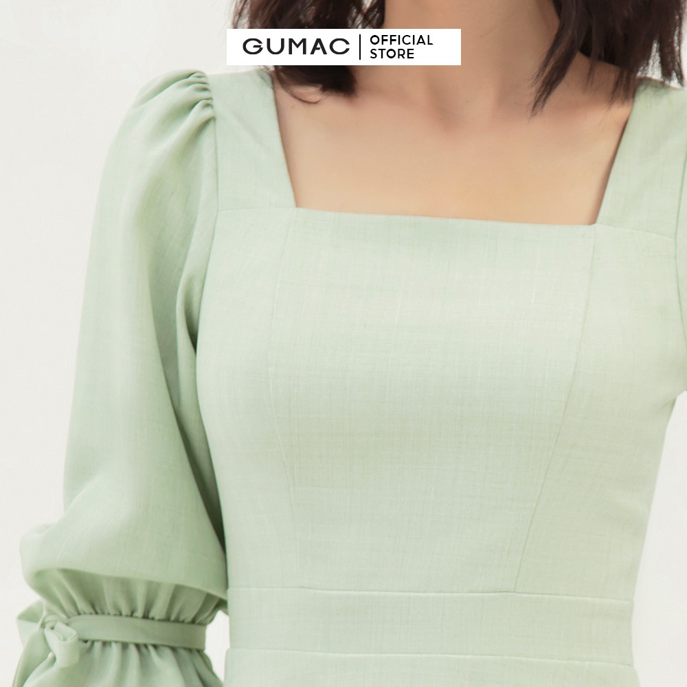 Đầm xòe nữ tay lỡ cổ vuông tay nơ GUMAC màu xanh trơn, trẻ trung, thanh lịch DB381 | BigBuy360 - bigbuy360.vn