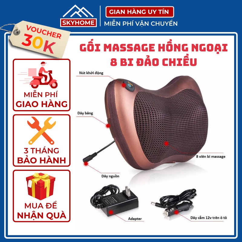 Máy gối massage cổ vai gáy lưng toàn thân hồng ngoại chính hãng SKYHOME, máy gối mát xa matxa cổ vai gáy xoa bóp ô tô