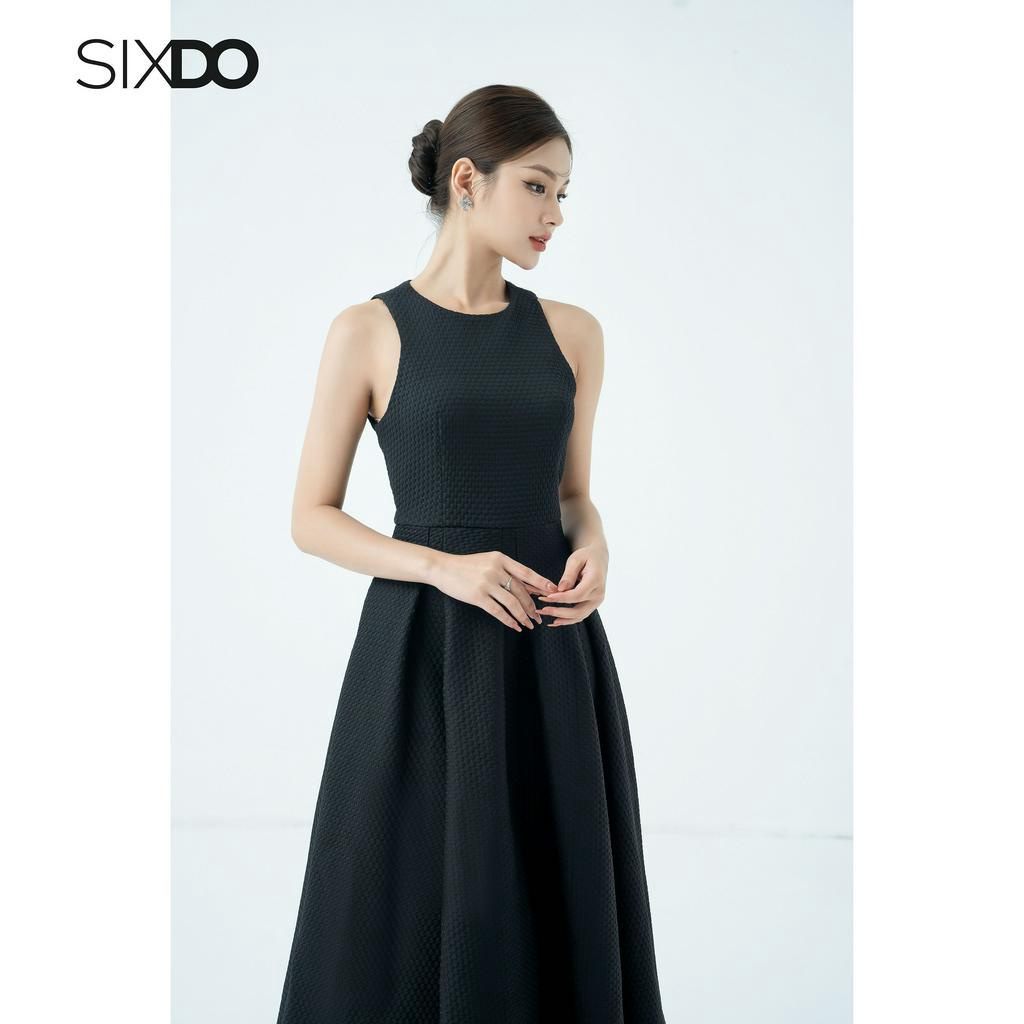 Đầm midi dệt thoi sát nách dáng xòe thời trang SIXDO (Black Pouf Midi Woven Dress)