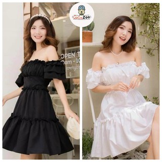 Đầm trễ vai tiểu thư, váy trễ vai 3 tầng bèo chất voan 2 màu trắng đen - CUTEZOO