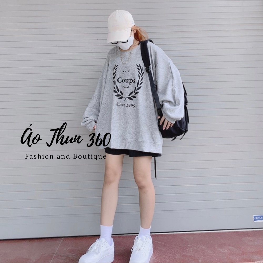 Áo sweater nữ HAVE FUN màu xám basic chất nỉ ngoại, áo nỉ thu đông unisex form rộng oversize thời trang ulzzang