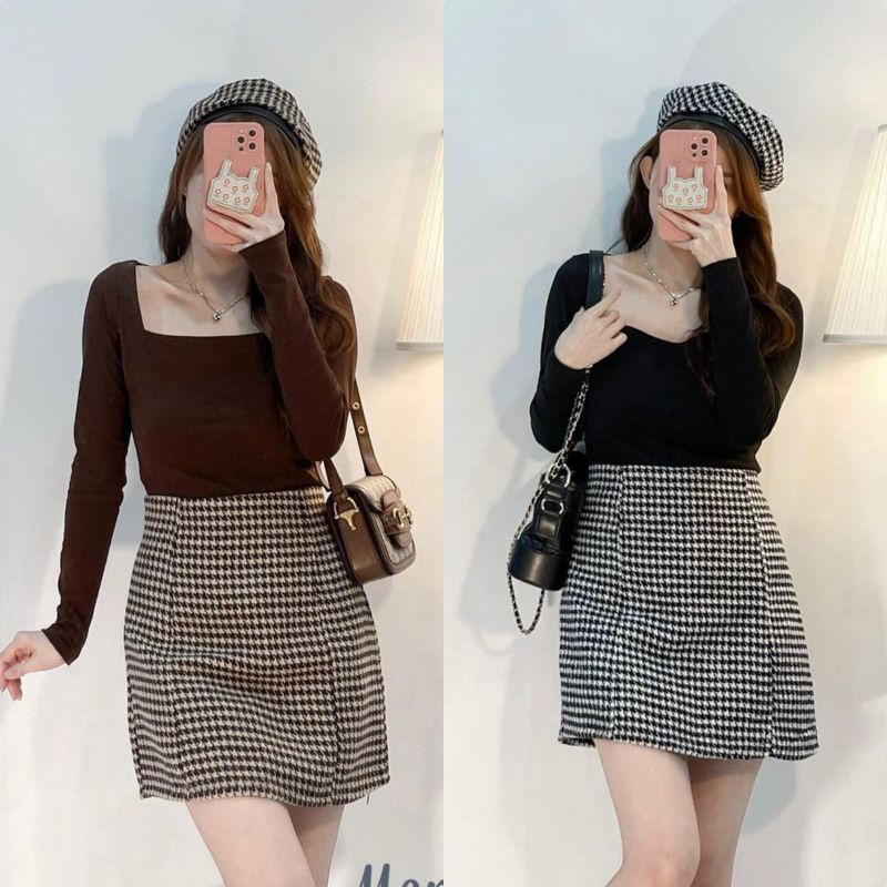 Set áo len tăm kèm chân váy kẻ tặng mũ nồi đen, nâu