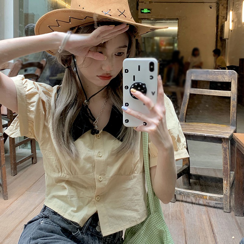 Áo Thun Crop Top Tay Ngắn Phồng Một Hàng Nút Cổ Bẻ Màu Sắc Ngọt Ngào Phong Cách Hàn Quốc Cho Nữ