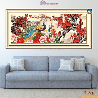 Tranh đính đá DF204 (1m60 x 67cm), tranh thêu chữ thập công phú quý cát tường LV3431 (1m10 x 55cm)