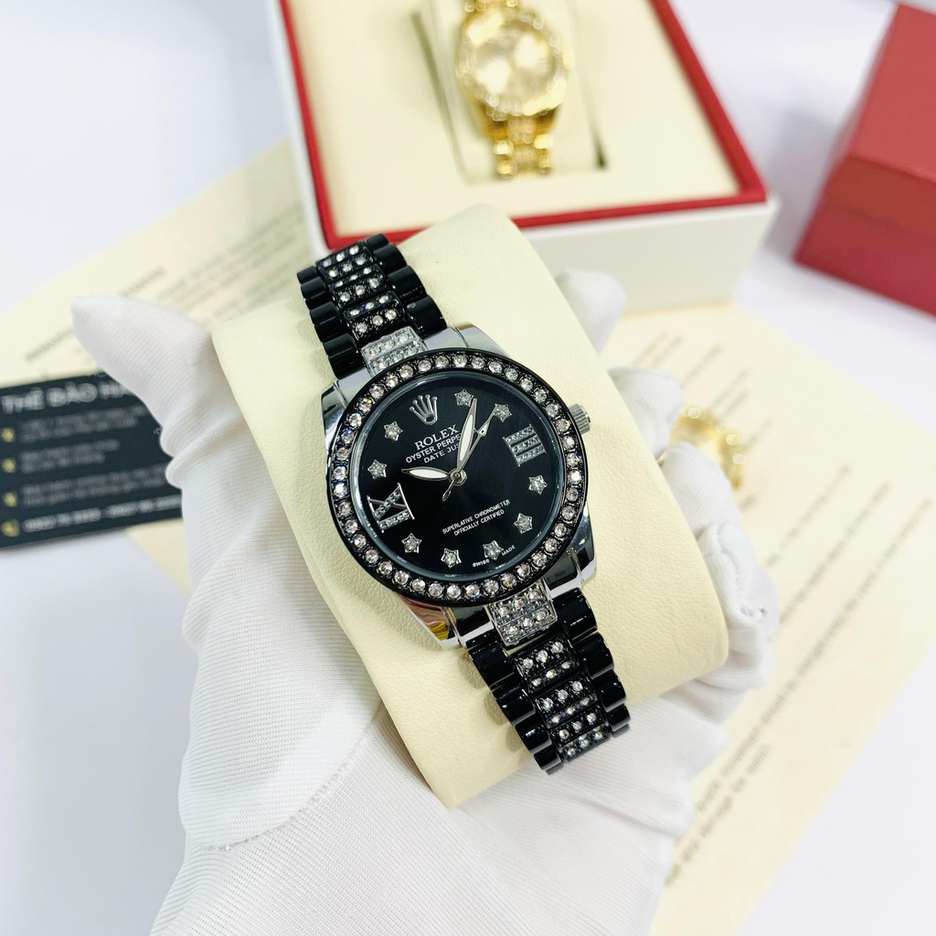 [Tặng Hộp Hãng] Đồng hồ nữ Rolex mặt tròn đính đá sang trọng dây kim loại cao cấp DHN609