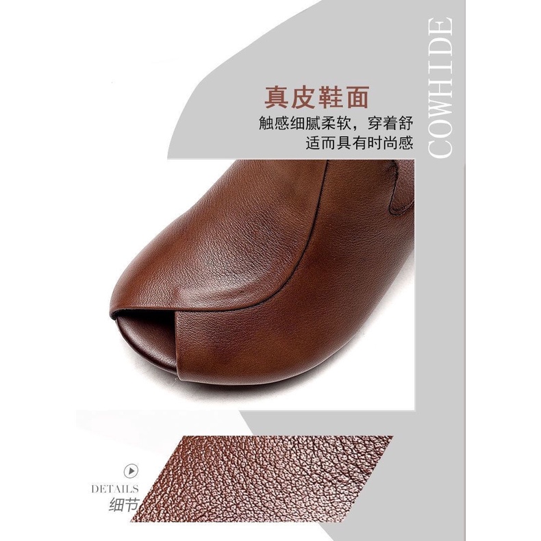 Giày Sandal Da Bò Thật Đế Dày Hở Mũi Phong Cách Retro Cho Nữ