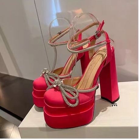 Giày sandal cao gót vải satin đính đá chống nước thời trang hè năm 2022 cho nữ