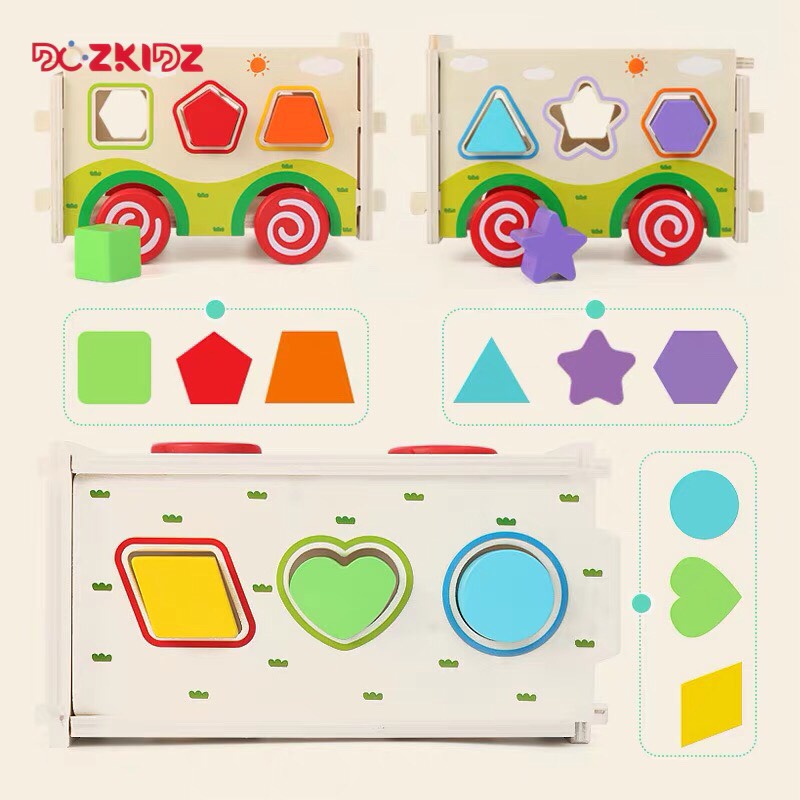 Đồ chơi gỗ - Bộ ô tô thả 13 hình khối cho bé từ 1-4 tuổi - DOZKIDZ